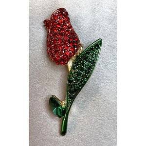 NWOT Red Rhinestone Tulip Brooch Pin Green Enamel Leaf Gold Toned Crystal